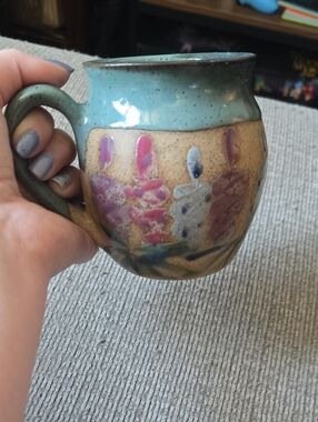 Handmade Ceramic Floral Mug in Teal and Tan Lupin